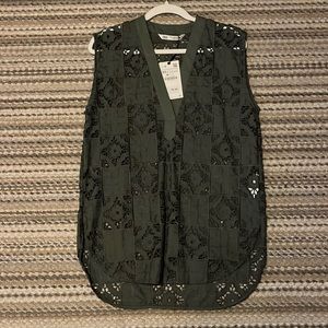 Zara Long Loose Sleeveless Olive Green Lace Top - Size XS - NEW / NWT